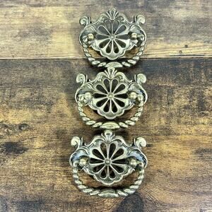 3 Vintage Round Brass French Art Nouveau Drop Bail Pulls Braided Rings 2.5"